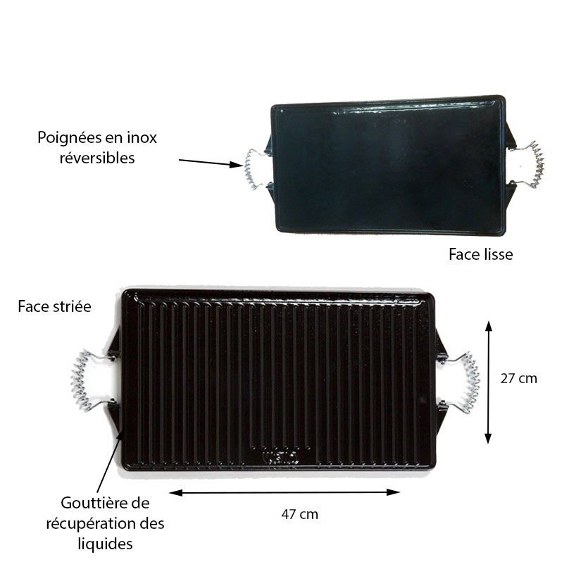 Dimensions et caractéristiques de la grande plancha en fonte émaillée rectangle et réversible 47 x 27 cm Vaello