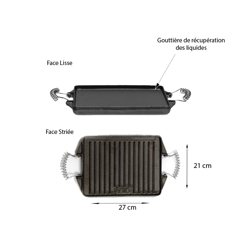 Dimensions et caractéristiques de la petite plancha en fonte émaillée rectangle et réversible 27 x 21 cm Vaello