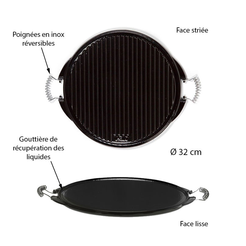 Dimensions et caractéristiques de la plancha en fonte émaillée ronde et réversible 32 cmVaello