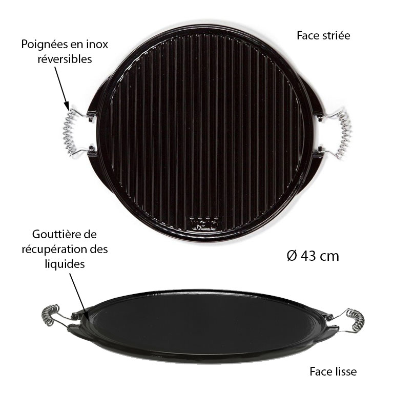 Dimensions et caractéristiques de la grande plancha en fonte émaillée ronde et réversible 43 cm Vaello