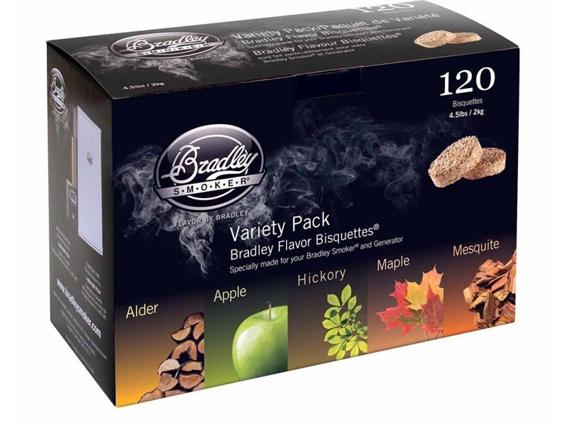 packaging de la boîte de 120 bisquettes 5 saveurs Bradley Smoker