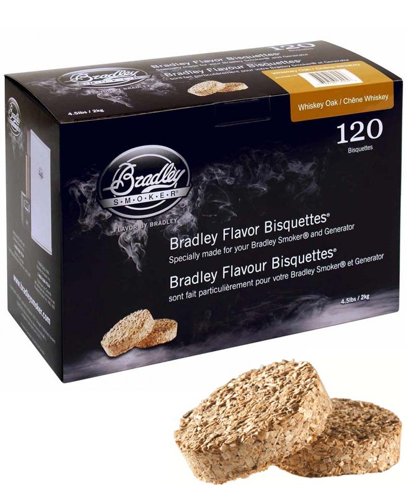 Boîtes de 120 bisquettes Whisky Chêne packaging Bradley Smoker