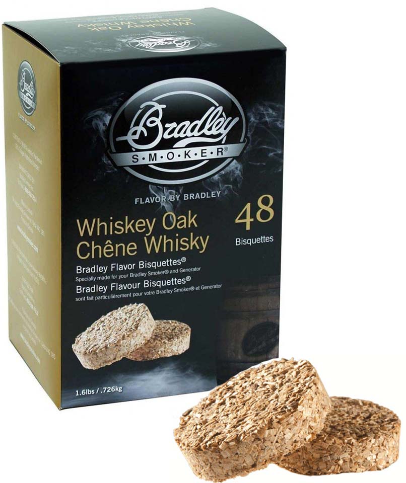 Boîtes de 48 bisquettes Whisky Chêne packaging Bradley Smoker