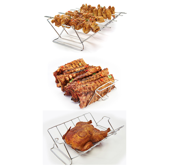 Support en inox Broil King multifonctions : brochettes - ribs ou poulet rôti