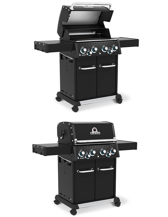 Barbecue gaz Baron 490 Shadow avec capot ouvert et fermé