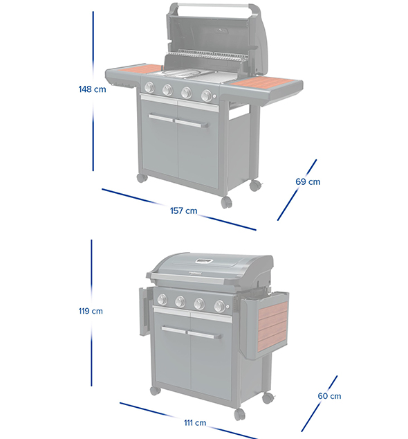 Dimensions du barbecue Campingaz Premium 4W avec couvercle ouvert et fermé