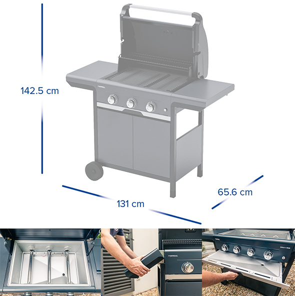 Barbecue Select 3 LX Plus capot ouvert avec dimensions + options