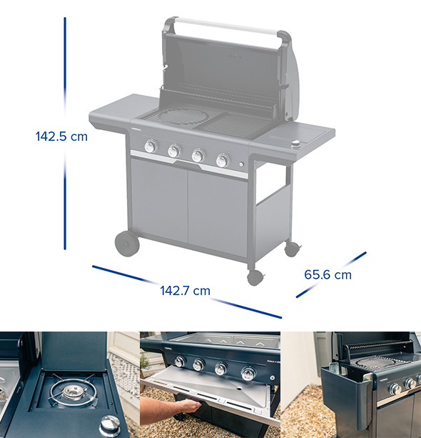 Zoom sur les options du barbecue gaz Select 4 EXS Campingaz + dimensions