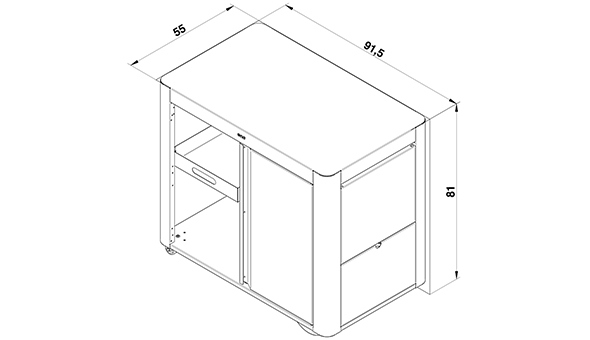 Schéma et dimensions du chariot Achille ENO avec porte et tablettes