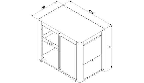 Schéma et dimensions du chariot Achille avec porte, tablette et plateau 2023