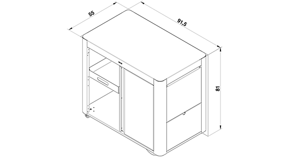 Schéma et dimensions du chariot Achille en inox marin ENO avec rangements en acier noir