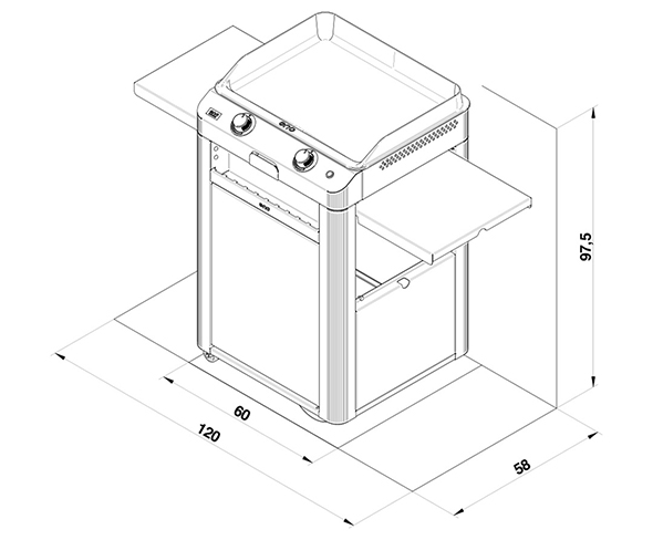 Schéma et dimensions du chariot Fusion 60 en acier gris et noir avec porte avant - ENO