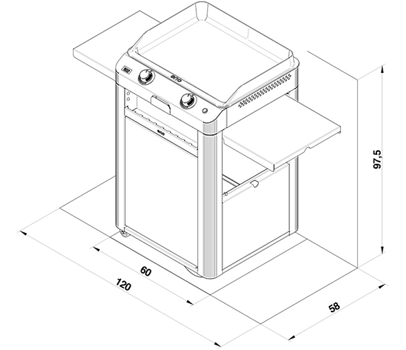 Schéma et dimensions du chariot plancha Fusion 60 ENO en inox et acier avec porte avant