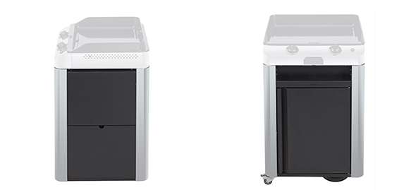 Différentes vues du chariot plancha Fusion 60 en inox marin et acier noir avec porte avant ENO