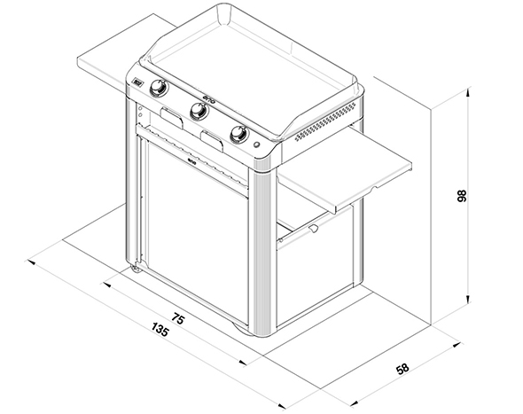 Schéma et dimensions du chariot plancha Fusion 75 en acier avec porte - ENO