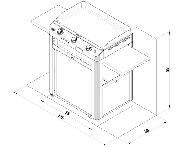 Schéma et dimensions du chariot Fusion 75 en inox marin pour plancha ENO