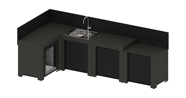 4 modules de cuisine extérieure ENO en acier gris cargo avec un plateau d'angle