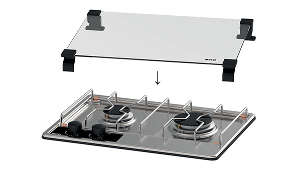 Couvercle en verre trempé à installé sur table de cuisson Master 2 feux ENO