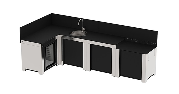 4 modules de cuisine extérieure ENO en inox et acier noir avec un plateau d'angle