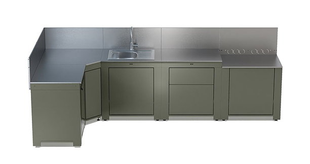 5 modules de cuisine extérieure ENO en inox et acier vert sauge en L