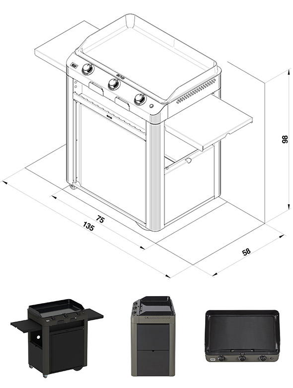 Schéma et dimensions du combo plancha Fusion 75 gris cargo ENO