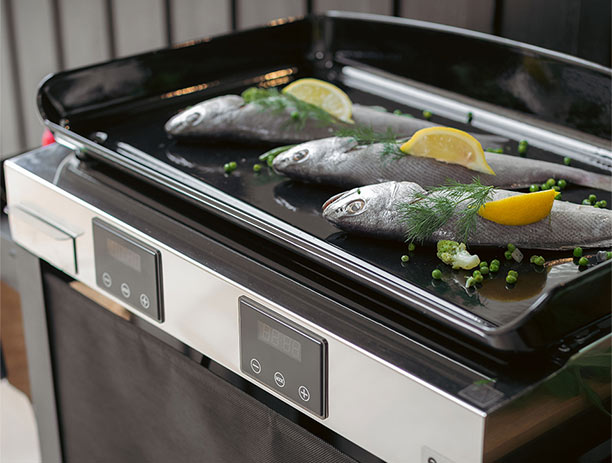 Zoom sur la zone de cuisson de la plancha électrique ENO Initial 65 sur chariot