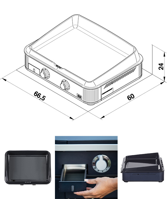 Schéma et dimensions de la plancha Enosign 65 bleu navy avec zoom sur tiroir des graisses