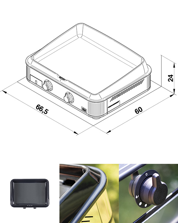 Schéma et dimensions de la plancha gaz Enosign 65 inox marin 2023 + zoom sur des détails