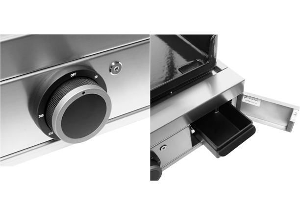 Zoom sur thermostat et bac à graisse de la plancha Modern 60 inox Forge Adour