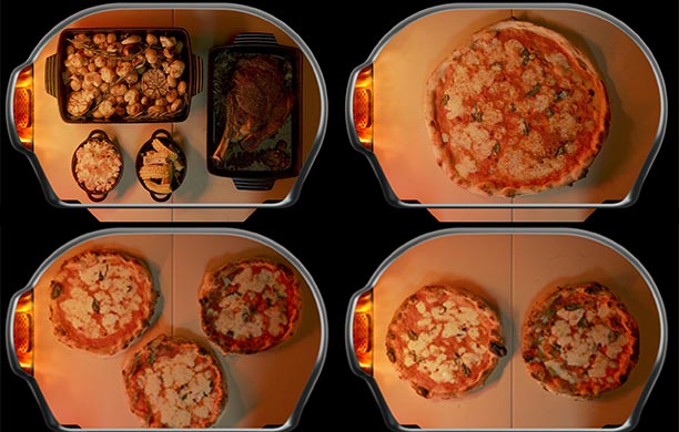 Exemple de positionnement de plats et pizzas dans le four à pizza Gozney Dome XL Gen 2 noir