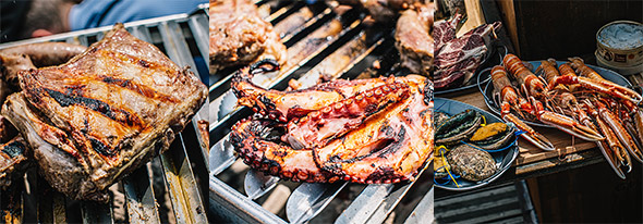 Poulpe, viandes et poissons cuits sur le barbecue Gueuleton au charbon de bois