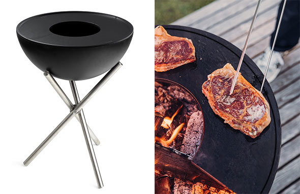 Brasero barbecue Bowl Hofats sur trépied haut et cuisson sur plancha demi lune