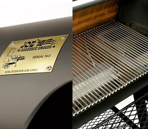 Zoom sur le tuyau d'acier de la cuve et les grilles inox du Special Joe's Barbecue