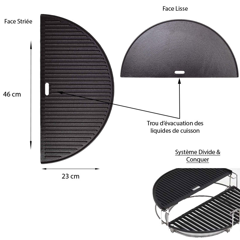 Caractéristiques et dimensions de la plancha demi lune en fonte Barbecue Classic Joe Kamado Joe