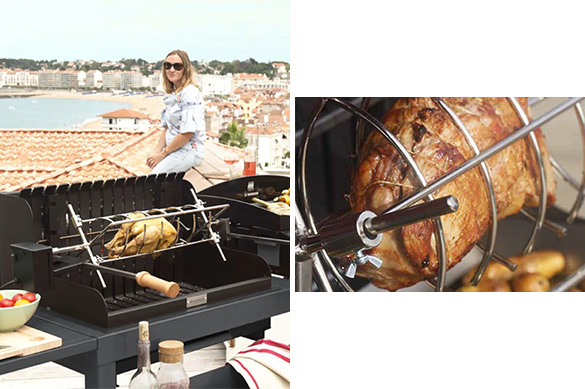 Cuisson verticale au tournebroche ou horizontale sur la grille dans le barbecue charbon Mendy Le Marquier