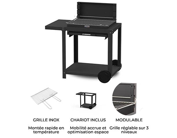 Fonctions du barbecue Montory et son chariot en acier noir Le Marquier