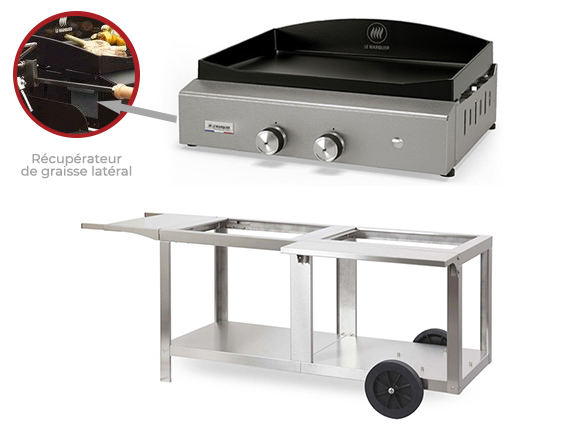 Zoom plancha Baia inox 260 et chariot inox Medy Alde Le Marquier