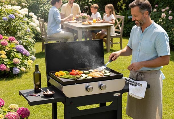 Homme cuisinant sur la plancha gaz Original DUO 260 Le Marquier sur chariot