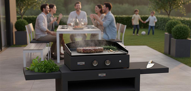 Préparation du repas en extérieur avec la plancha sur chariot Pure 260 Le Marquier