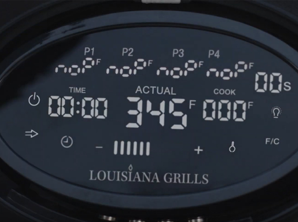 Ecran de contrôle du thermomètre sur le barbecue pellets Legacy 1200 Louisiana Grills