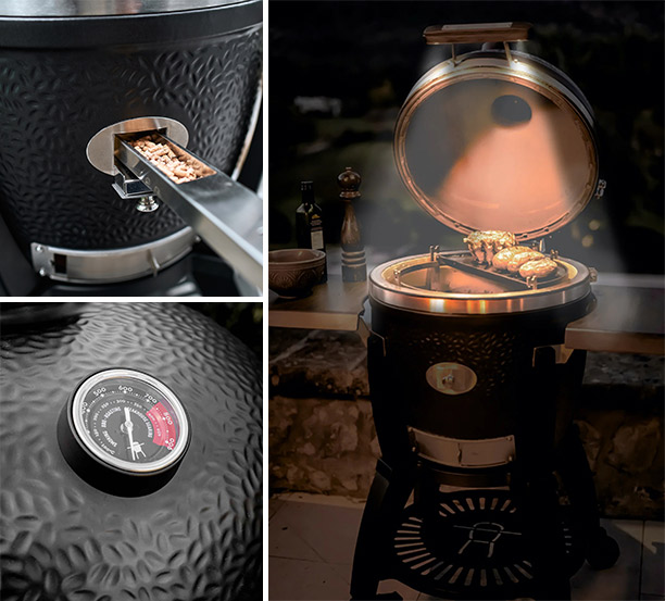 Focus sur la poignée avec LED, thermomètre et trappe de fumage du barbecue kamado Monolith Avant Garde LeChef sur chariot