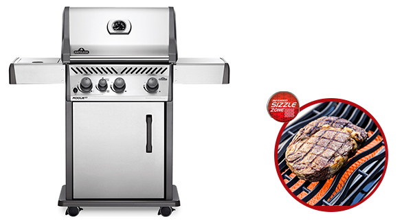 Barbecue Rogue XT 425 en inox vue face et zoom sur le brûleur Sizzle Zone