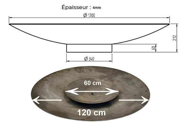 Schéma et dimensions du brasero rond corten 100 cm Nordic Flame