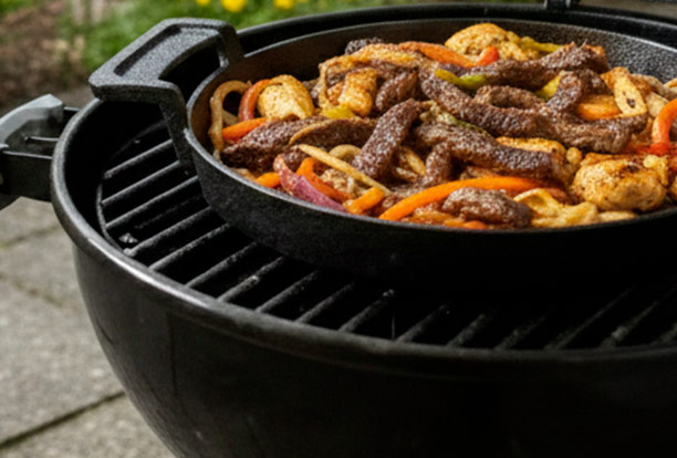 Cuisson barbecue sur la plancha en fonte 30 cm