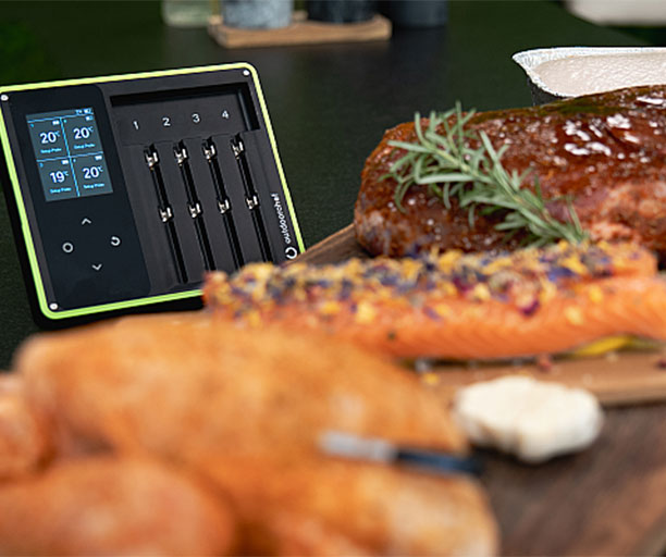 Sonde plantée dans une viande et suivi de la cuisson sur la station d'accueil du thermomètre barbecue Easy Check Quadro Bluetooth