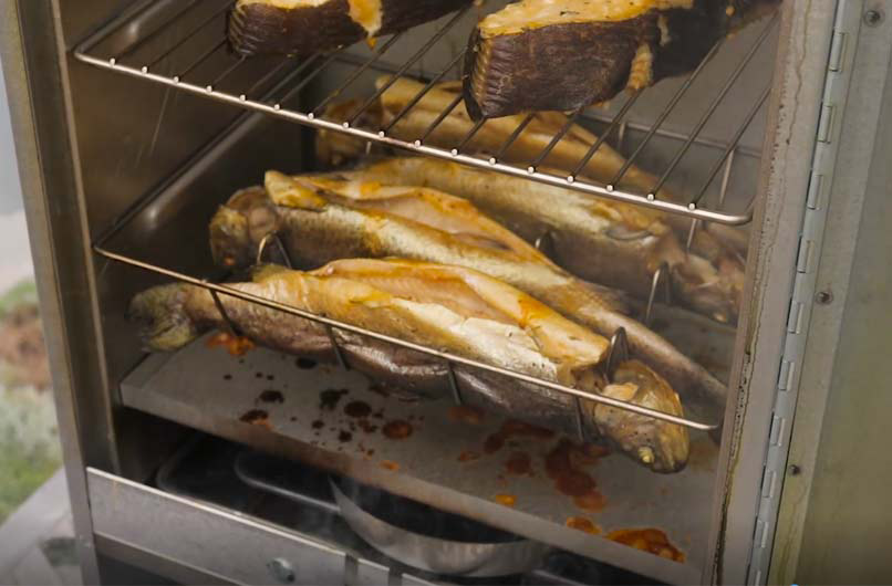 Poissons fumés dans la grille de cuisson spéciale poisson dans un fumoir Peetz