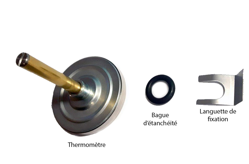 Thermomètre et pièces associées : bague d'étancheité et languette de fixation