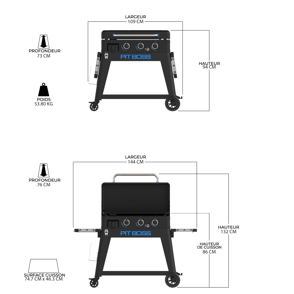 Dimensions et caractéristiques de la plancha 3 feux Ultimate Pit Boss