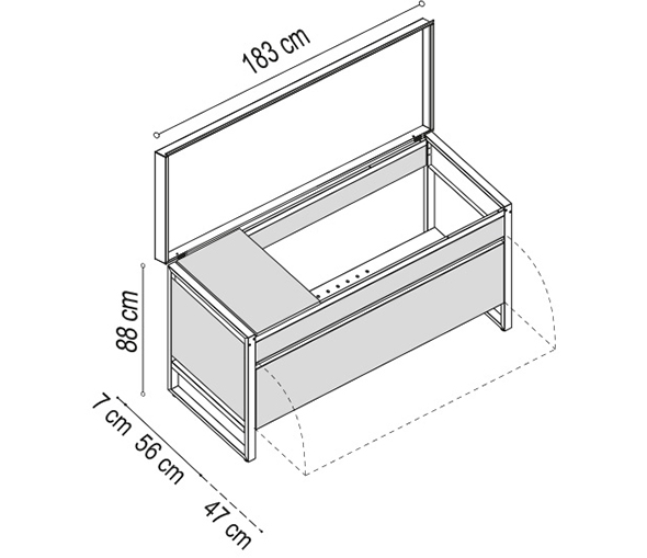 Schéma et dimensions de la table Oasi 183C en inox et bois Planet