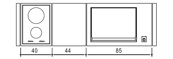 Schéma et dimensions des modules encastrés sur la table Oasi 183C en inox et bois